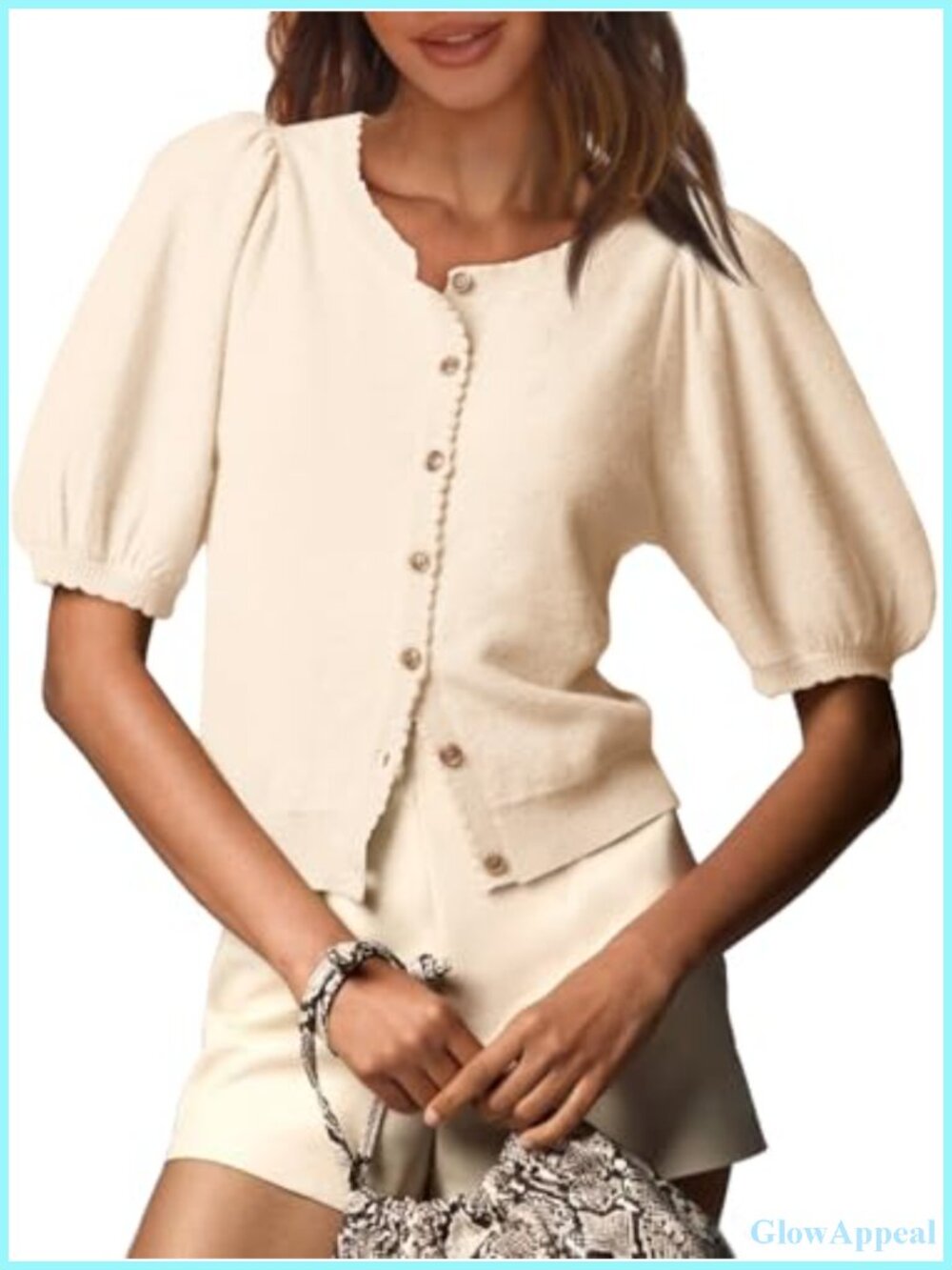 Lightweight Knit Cardigan, Short Sleeve, Puff Sleeve, Open Front, Button Front